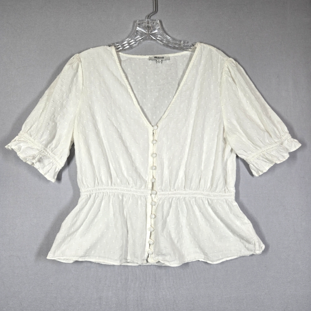 Madewell Cream Swiss Dot Peplum Button-Front Blouse